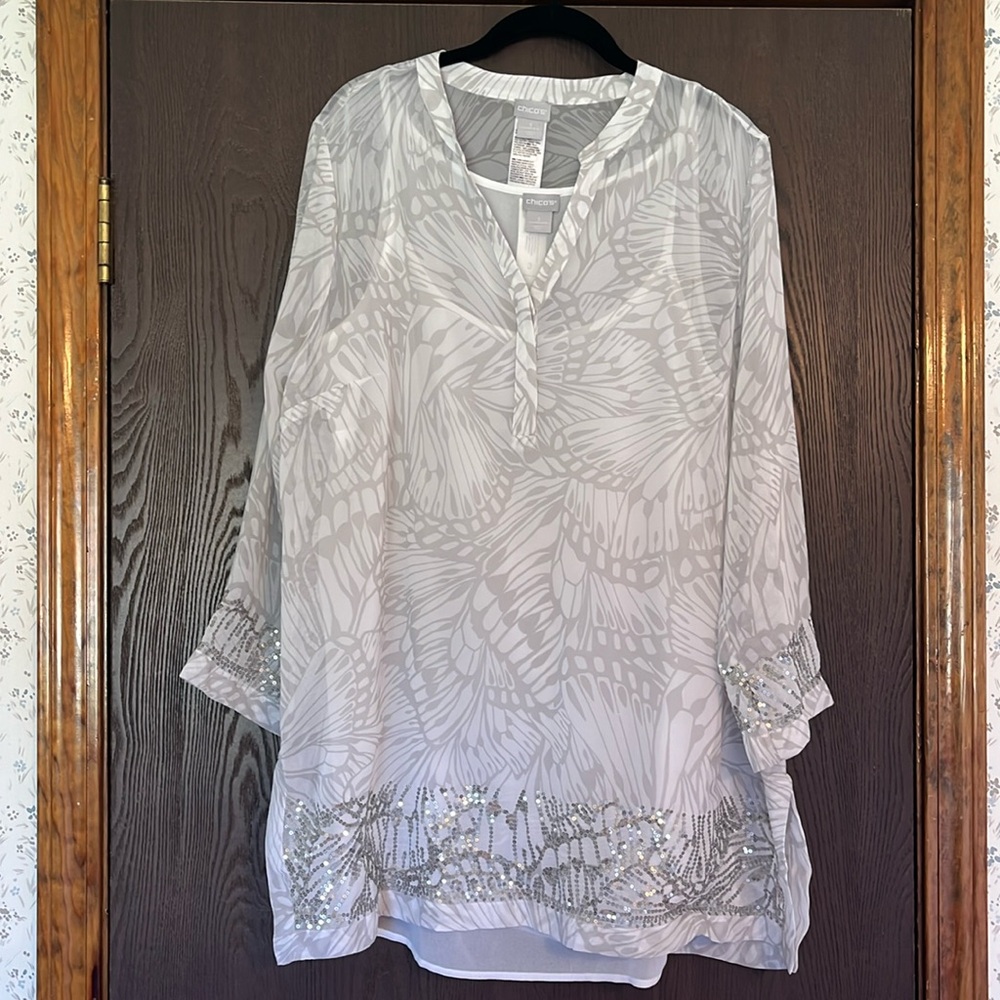 Sheer butterfly print embellished tunic with tank NWT